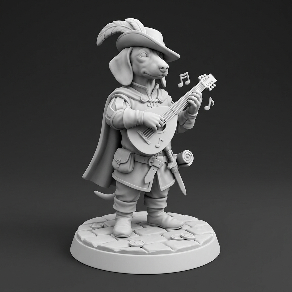 Bard Dachshund — feathered hat and lute, 32 mm miniature (Dungeons and Dachshunds)