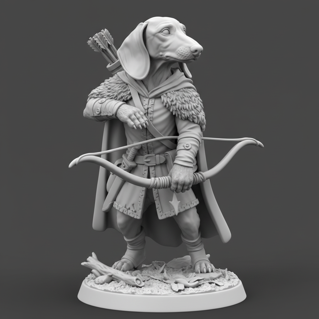Jamnik łowca — napięta cięciwa i kołczan, figurka 32 mm (Dungeons and Dachshunds)