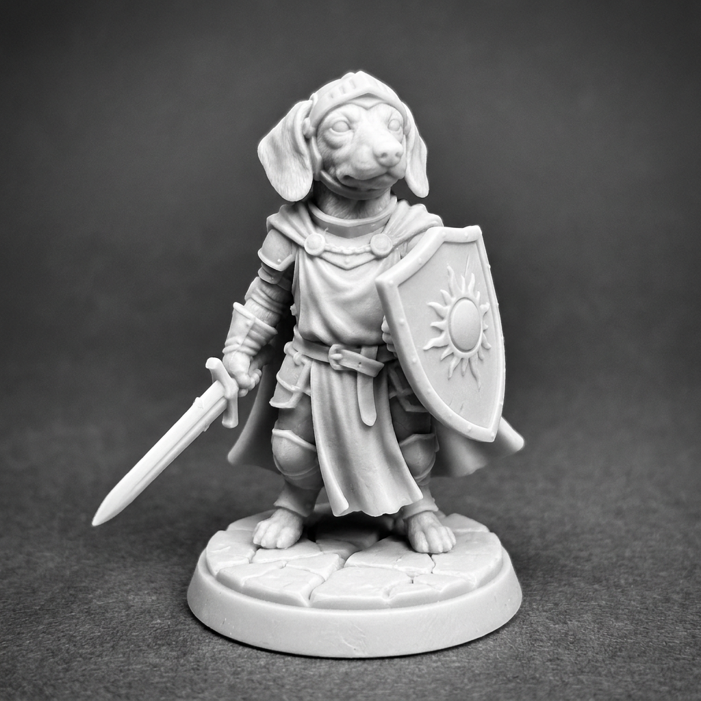 Jamnik paladyn — miecz i tarcza, figurka 32 mm (Dungeons and Dachshunds)