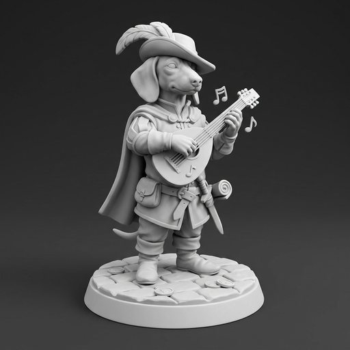 [FIG-068] Jamnik bard — pióro u kapelusza i lutnia, figurka 32 mm (Dungeons and Dachshunds)