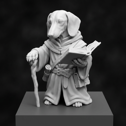 [FIG-069] Mage Dachshund — staff and open book, 32 mm miniature (Dungeons and Dachshunds)