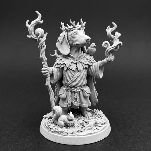 [FIG-070] Jamnik druid — korona z gałęzi, ptak i wiewiórka, figurka 32 mm (Dungeons and Dachshunds)