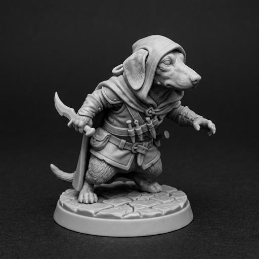 [FIG-074] Jamnik łotrzyk — kaptur i zakrzywione ostrze, figurka 32 mm (Dungeons and Dachshunds)