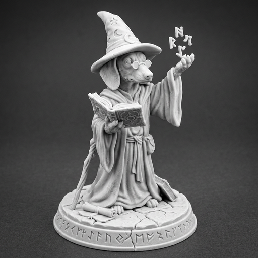 [FIG-076] Jamnik czarodziej — spiczasty kapelusz i księga zaklęć, figurka 32 mm (Dungeons and Dachshunds)
