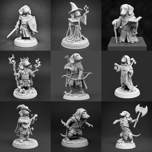 [FIG-077-SET] The Dachshund Army — 9-miniature bundle, 32 mm (Dungeons and Dachshunds)